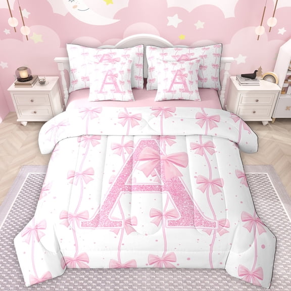 Manfei Letter A Monogrammed 7-Piece Twin Bedding Sets,Cute Bow Knot Bedding Comforter Set,Pink Glitter Print Sheet Sets For Girl,Microfiber Room Decorative Reversible