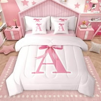 Manfei Letter A Monogrammed 7-Piece Twin Bedding Sets,Cute Cartoon Bowtie Bedding Comforter Set,Pink Bow Tie Sheet Sets For Girls Kids,Microfiber Room Decorative Reversible