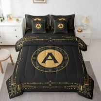 Manfei Letter A Monogrammed 7-Piece Twin Bedding Sets,Retro Boho Geometric Bedding Comforter Set,Gold Black Sheet Sets For Child,Microfiber Room Decorative Reversible