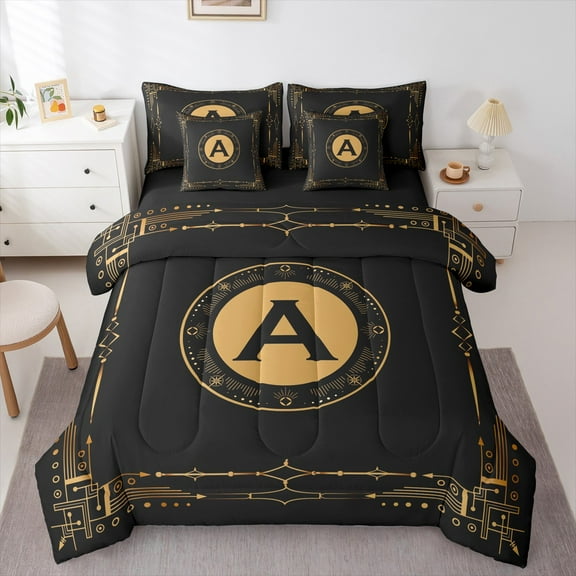 Manfei Letter A Monogrammed 7-Piece Twin Bedding Sets,Retro Boho Geometric Bedding Comforter Set,Gold Black Sheet Sets For Child,Microfiber Room Decorative Reversible