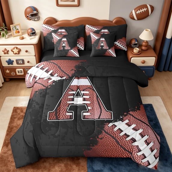 Manfei Letter A Monogrammed 7-Piece Twin Bedding Sets,Rugby Game Bedding Comforter Set,Brown Black Sheet Sets For Boy,Microfiber Room Decorative Reversible