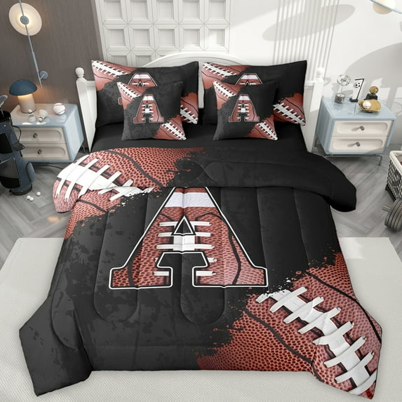 Manfei Letter A Monogrammed 7-Piece Twin Bedding Sets,Rugby Game Bedding Comforter Set,Brown Black Sheet Sets For Boy,Microfiber Room Decorative Reversible