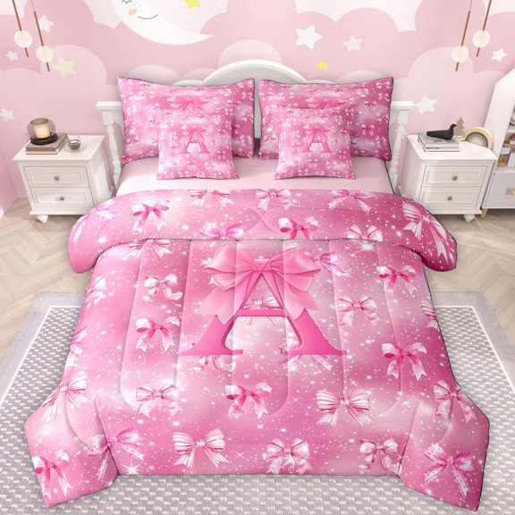 Manfei Letter A Monogrammed 7pcs Bedding Comforter Set,Cartoon Bow Tie Queen Bedding Sets,Chic Starry Night Queen Sheet Sets For Child,Microfiber Room Decorative Reversible