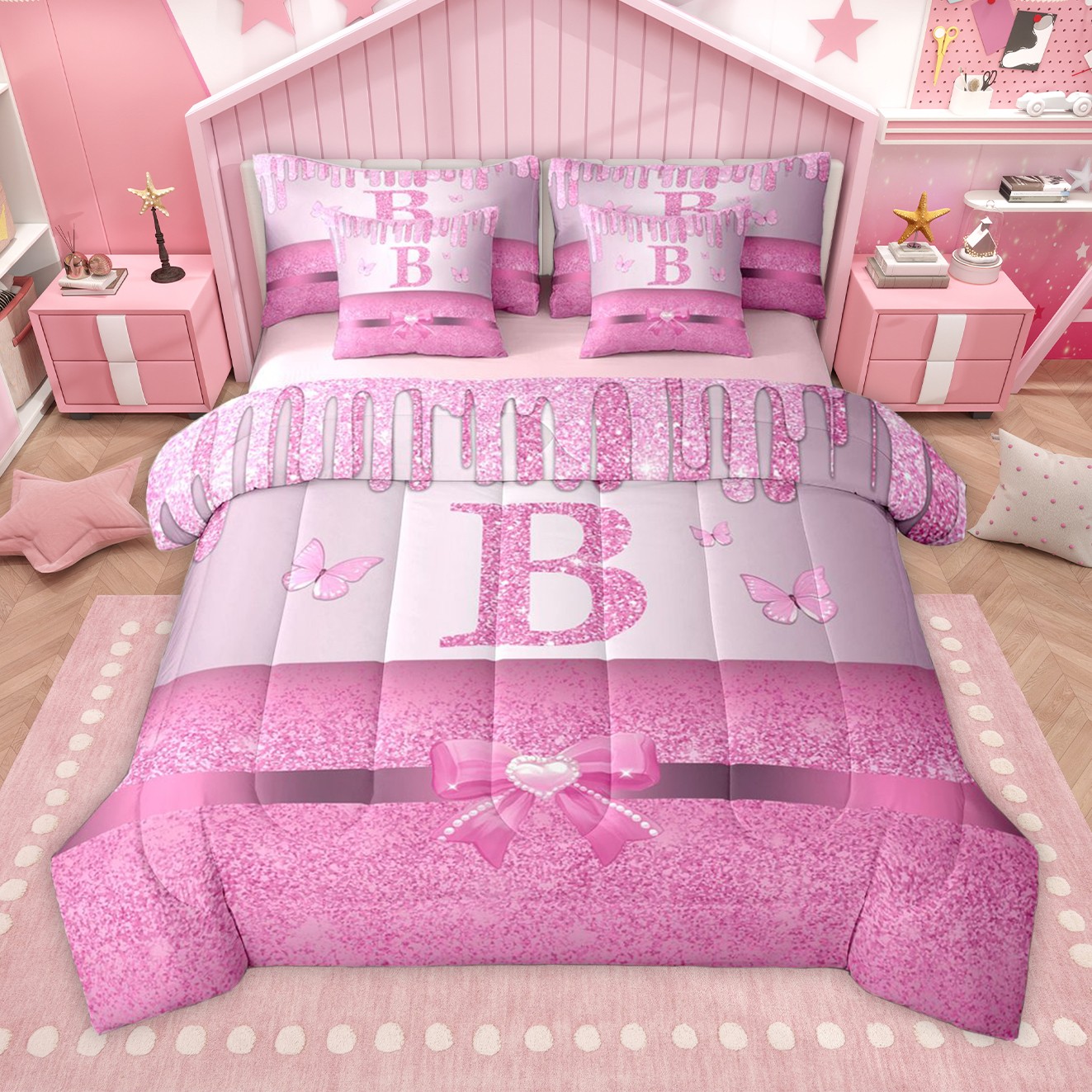 Manfei Letter Monogrammed B 7-Piece Bedding Comforter Set for Kids Children Girls,Dreamy Princess King Bedding Sets,Cute Butterfly Bowknot Ultra Soft Bed Sheets,Bling Glitter Bedroom Decor