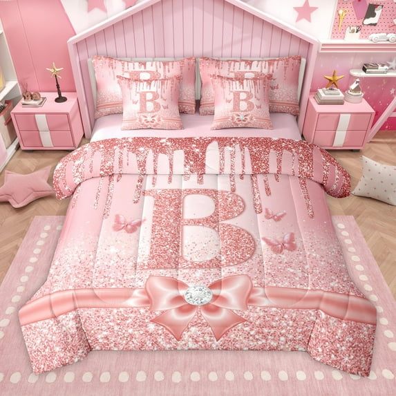 Manfei Letter Monogrammed B 7 Pieces Bedding Comforter Set for Kids Children Girls,Dreamy Princess Full Bedding Set Lightweight,Cute Butterfly Bowknot Fitted Sheet Flat Sheet,Bling Glitter