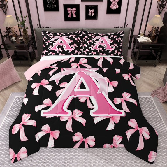 Manfei Letter Monogrammed A Bedding Comforter Set 2pcs for Boys Girls,Kawaii Ribbon Bow Twin Comforter Sets Microfiber,Dreamy Princess Breathable Bedding Set,Lightweight Room Decor,Reversible