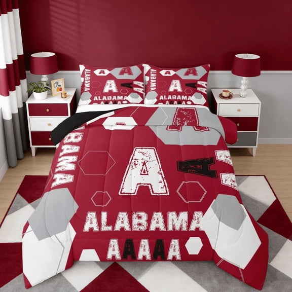 Manfei Letter A Monogrammed Bedding Comforter Set,Alabama Sport City Twin Comforter Sets,Red Gray White Bedding Set For Boys Kids,Microfiber Room Decorative Reversible,2-Piece