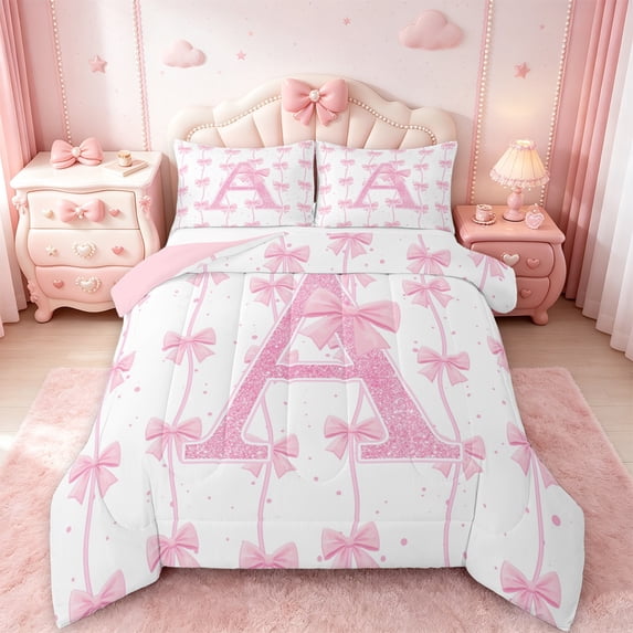 Manfei Letter A Monogrammed Bedding Comforter Set,Cute Bow Knot Twin Comforter Sets,Pink Glitter Print Bedding Set For Girl,Microfiber Room Decorative Reversible,2 Pieces