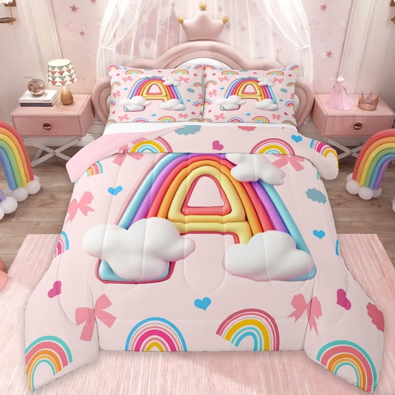 Manfei Letter A Monogrammed Bedding Comforter Set,Cute Bowtie Bow Twin Comforter Sets,Colorful Rainbow Stripes Bedding Set For Girl,Microfiber Room Decorative Reversible,2pcs