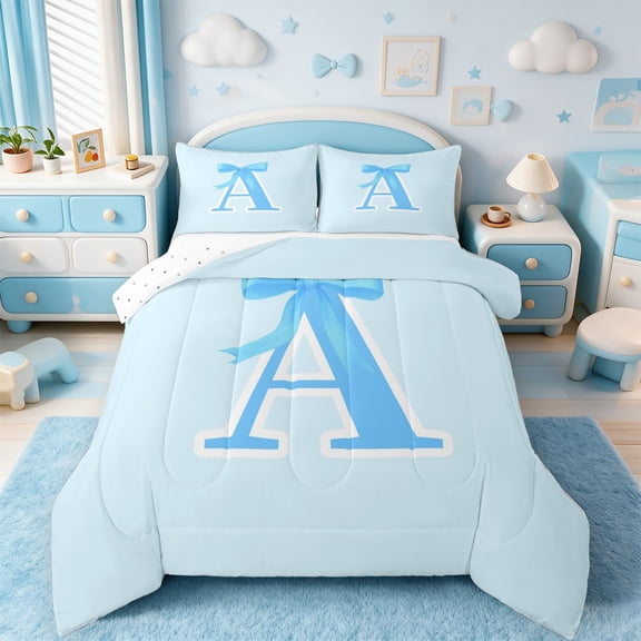 Manfei Letter A Monogrammed Bedding Comforter Set,Cute Cartoon Bowtie Twin Comforter Sets,Blue Bow Tie Bedding Set For Girls Kids,Microfiber Room Decorative Reversible,2pcs