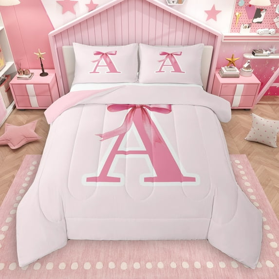 Manfei Letter A Monogrammed Bedding Comforter Set,Cute Cartoon Bowtie Twin Comforter Sets,Pink Bow Tie Bedding Set For Girls Kids,Microfiber Room Decorative Reversible,2 Pieces