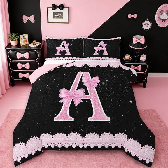 Manfei Letter A Monogrammed Bedding Comforter Set,Pink Bow Bowtie Twin Comforter Sets,Galaxy Starry Sky Bedding Set For Child,Microfiber Room Decorative Reversible,2-Piece