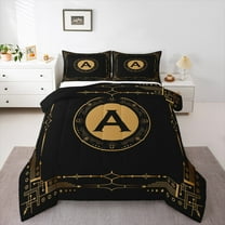 Manfei Letter A Monogrammed Bedding Comforter Set,Retro Boho Geometric Twin Comforter Sets,Gold Black Bedding Set For Child,Microfiber Room Decorative Reversible,2-Piece