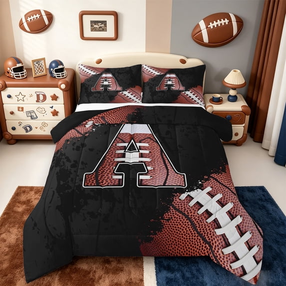 Manfei Letter A Monogrammed Bedding Comforter Set,Rugby Game Twin Comforter Sets,Brown Black Bedding Set For Boy,Microfiber Room Decorative Reversible,2pcs