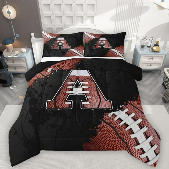 Manfei Letter A Monogrammed Bedding Comforter Set,Rugby Game Twin Comforter Sets,Brown Black Bedding Set For Boy,Microfiber Room Decorative Reversible,2pcs