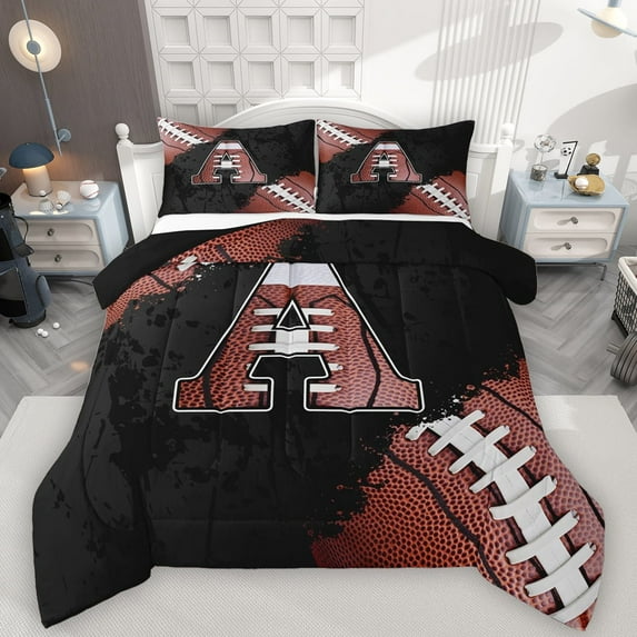 Manfei Letter A Monogrammed Bedding Comforter Set,Rugby Game Twin Comforter Sets,Brown Black Bedding Set For Boy,Microfiber Room Decorative Reversible,2pcs