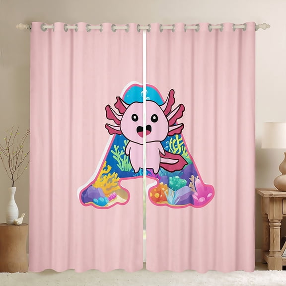 Manfei Letter A Monogrammed Black Out Curtains,Kawaii Axolotl Curtains Pack of 2 (42x63 Each),Watercolor Coral Bedroom Curtains For Child,Microfiber Room Decorative