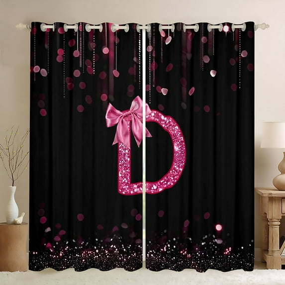 Manfei Letter Monogrammed Bow D Blackout Curtains Set of 2 (52x84 Each) for Boys Girls,Bling Glitter Window Curtains,Dreamy Princess Curtains and Drapes,Lightweight Room Decor