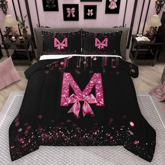 Manfei Letter Monogrammed Bow M 3 Pieces Queen Comforter Set for Boys Girls,Bling Glitter Ultra Soft Bedding Sets,Dreamy Princess Bedding Comforter Set Breathable,Lightweight Room Decor,Reversible