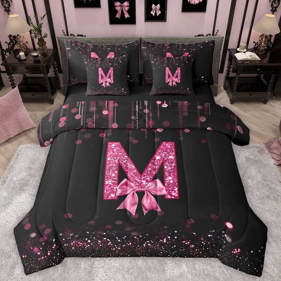 Manfei Letter Monogrammed Bow M Bedding Comforter Set 7-Piece for Boys Girls,Bling Glitter King Bedding Sets,Dreamy Princess Ultra Soft Bed Sheets,Lightweight Room Decor,Reversible