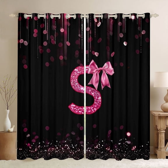 Manfei Letter Monogrammed Bow S Blackout Curtains Set of 2 (52x84 Each) for Boys Girls,Bling Glitter Window Curtains,Dreamy Princess Curtains and Drapes,Lightweight Room Decor