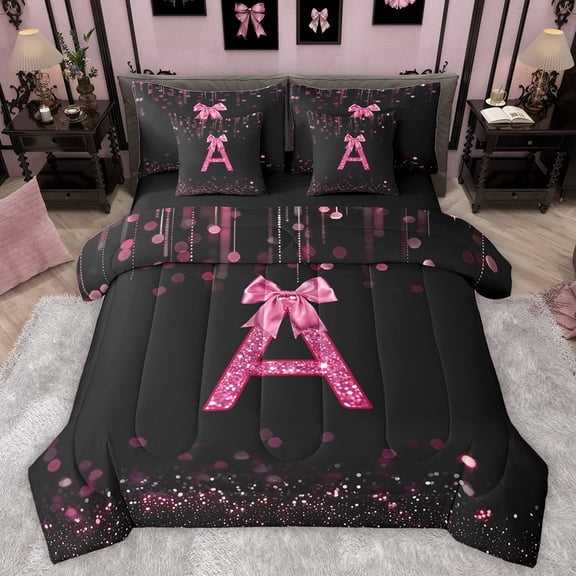 Manfei Letter Monogrammed Bow A Twin Bedding Sets 7-Piece for Boys Girls,Bling Glitter Bedding Comforter Set Microfiber,Dreamy Princess Breathable Sheet Sets,Lightweight Room Decor,Reversible