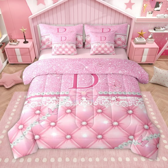 Manfei Letter Monogrammed D 7-Piece Twin Bedding Sets,Kawaii Butterfly Bowknot Bedding Comforter Set,Pink Bling Glitter Breathable Sheet Sets,Ultra Soft Home Decor,Reversible