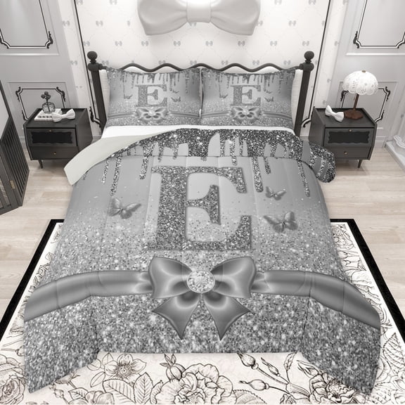 Manfei Letter Monogrammed E 2pcs Bedding Comforter Set for Kids Children Girls,Dreamy Princess Twin Comforter Sets,Cute Butterfly Bowknot Breathable Bedding Set,Bling Glitter Bedroom Decor