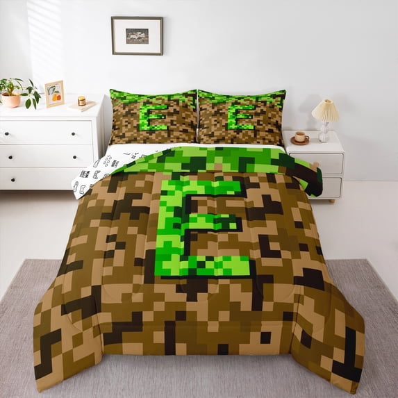 Manfei Letter Monogrammed E 3-Piece Full Size Comforter Sets for Teens Boys Girls,Construction Game Bedding Comforter Set,Building Blocks Lightweight Bedding Sets,Microfiber Bedroom Decor