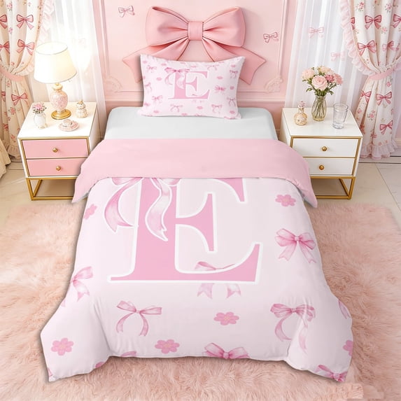 Manfei Letter Monogrammed E Pink Bow Twin Bedding,Floral Cherry Blossoms Duvet Cover Set,2pcs,No Comforter,Pink Reversible,Super Cozy Room Decor