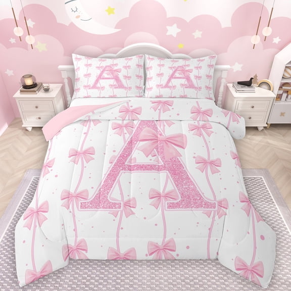 Manfei Letter A Monogrammed Full Size Comforter Sets,Cute Bow Knot Bedding Comforter Set,Pink Glitter Print Bedding Sets For Girl,Microfiber Room Decorative Reversible,3pcs