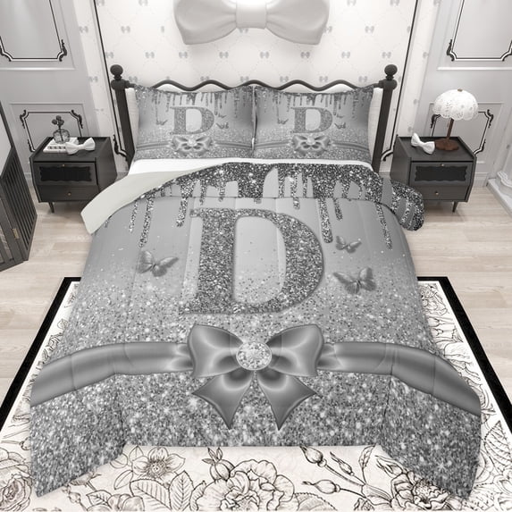 Manfei Letter Monogrammed Initial D Girl 2pcs Bedding Comforter Set,Kawaii Bow Butterfly Twin Comforter Sets,Bling Crystal Grey Glitter Breathable Bedding Set,Lightweight Room Decor,Reversible