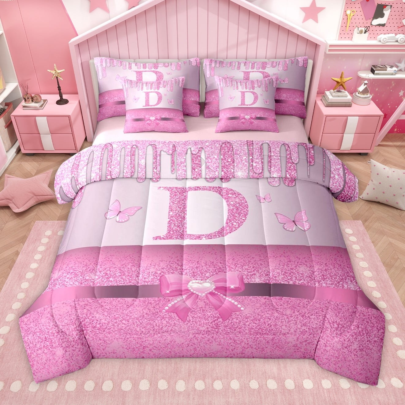 Manfei Letter Monogrammed Initial D Girl 7-Piece Twin Bedding Sets,Kawaii Bow Butterfly Bedding Comforter Set,Bling Pink Glitter Breathable Sheet Sets,Lightweight Room Decor,Reversible