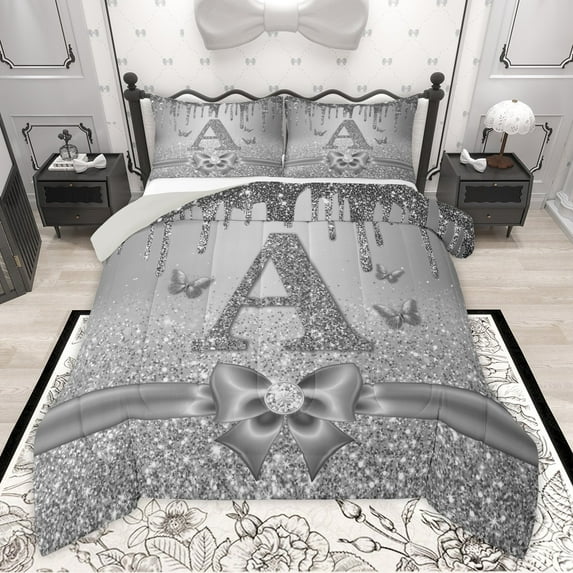 Manfei Letter Monogrammed Initial A Girl 2pcs Bedding Comforter Set,Kawaii Bow Butterfly Twin Comforter Sets,Bling Crystal Grey Glitter Breathable Bedding Set,Lightweight Room Decor,Reversible