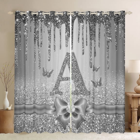 Manfei Letter Monogrammed Initial A Girl Curtains Pack of 2 (42x84 Each),Kawaii Bow Butterfly Curtains Blackout,Bling Crystal Grey Glitter Bedroom Curtains,Lightweight Room Decor