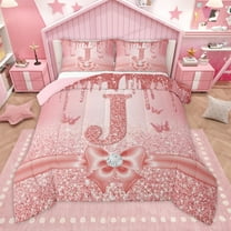 Manfei Letter Monogrammed Initial J Girl 2pcs Bedding Comforter Set,Kawaii Bow Butterfly Twin Comforter Sets,Bling Crystal Pink Glitter Breathable Bedding Set,Lightweight Room Decor,Reversible