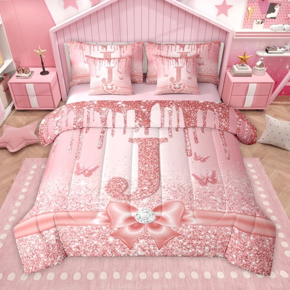 Manfei Letter Monogrammed Initial J Girl 7-Piece Twin Bedding Sets,Kawaii Bow Butterfly Bedding Comforter Set,Bling Crystal Pink Glitter Breathable Sheet Sets,Lightweight Room Decor,Reversible