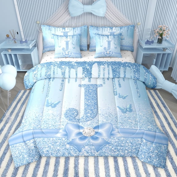 Manfei Letter Monogrammed Initial J Girl 7pcs Bedding Comforter Set,Kawaii Bow Butterfly Queen Bedding Sets Super Cozy,Bling Crystal Blue Glitter Queen Sheet Sets,Lightweight Room Decor