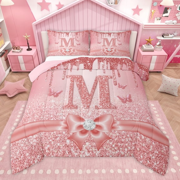 Manfei Letter Monogrammed Initial M Girl 2pcs Bedding Comforter Set,Kawaii Bow Butterfly Twin Comforter Sets,Bling Crystal Pink Glitter Breathable Bedding Set,Lightweight Room Decor,Reversible