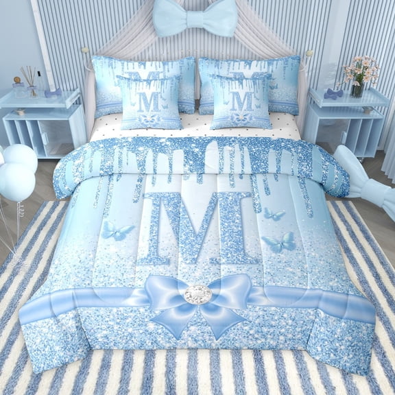 Manfei Letter Monogrammed Initial M Girl 7-Piece Twin Bedding Sets,Kawaii Bow Butterfly Bedding Comforter Set,Bling Crystal Blue Glitter Breathable Sheet Sets,Lightweight Room Decor