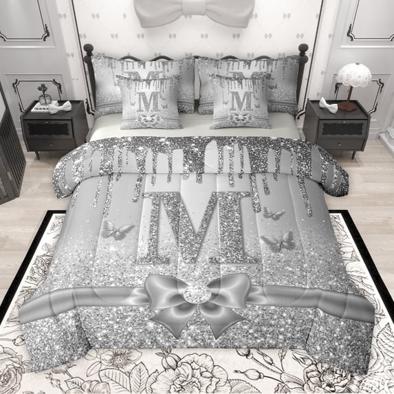 Manfei Letter Monogrammed Initial M Girl 7-Piece Twin Bedding Sets,Kawaii Bow Butterfly Bedding Comforter Set,Bling Crystal Grey Glitter Breathable Sheet Sets,Lightweight Room Decor,Reversible