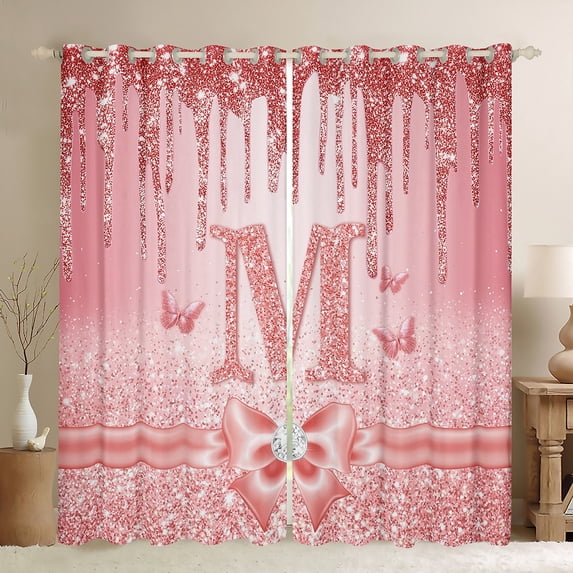Manfei Letter Monogrammed Initial M Girl Black Out Curtains,Kawaii Bow Butterfly Curtains Pack of 2 (42x63 Each),Bling Crystal Pink Glitter Bedroom Curtains,Lightweight Room Decor