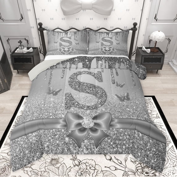 Manfei Letter Monogrammed Initial S Girl 3 Pieces Queen Comforter Set,Kawaii Bow Butterfly Ultra Soft Bedding Sets,Bling Crystal Grey Glitter Bedding Comforter Set,Lightweight Room Decor