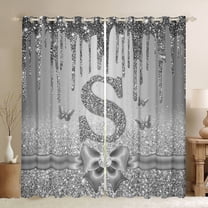 Manfei Letter Monogrammed Initial S Girl Black Out Curtains,Kawaii Bow Butterfly Curtains Pack of 2 (42x63 Each),Bling Crystal Grey Glitter Bedroom Curtains,Lightweight Room Decor