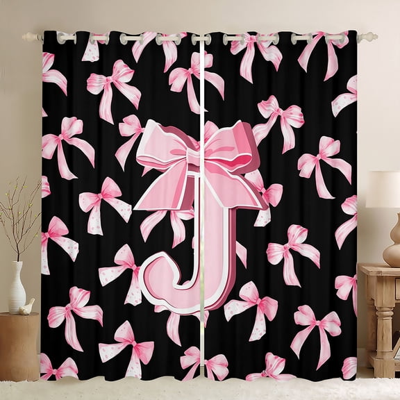 Manfei Letter Monogrammed J Blackout Curtains Set of 2 (52x84 Each) for Boys Girls,Kawaii Ribbon Bow Window Curtains,Dreamy Princess Curtains and Drapes,Lightweight Room Decor