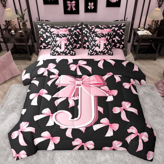 Manfei Letter Monogrammed J Twin Bedding Sets 7-Piece for Boys Girls,Kawaii Ribbon Bow Bedding Comforter Set Microfiber,Dreamy Princess Breathable Sheet Sets,Lightweight Room Decor,Reversible