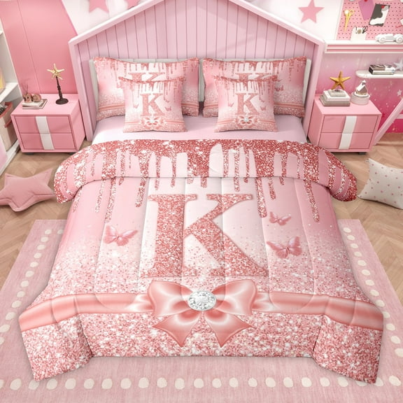 Manfei Letter Monogrammed K 7-Piece Bedding Comforter Set for Kids Children Girls,Dreamy Princess King Bedding Sets,Cute Butterfly Bowknot Ultra Soft Bed Sheets,Bling Glitter Bedroom Decor