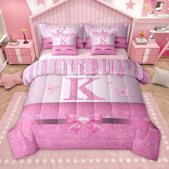 Manfei Letter Monogrammed K 7 Pieces Bedding Comforter Set for Kids Children Girls,Dreamy Princess Full Bedding Set Lightweight,Cute Butterfly Bowknot Fitted Sheet Flat Sheet,Bling Glitter