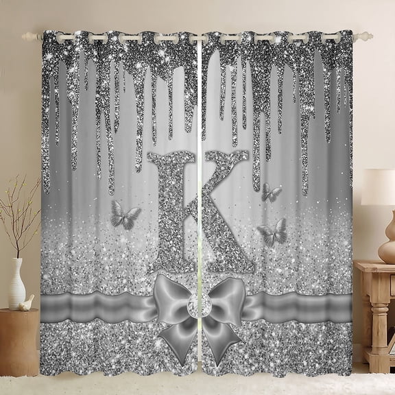 Manfei Letter Monogrammed K Black Out Curtains for Kids Children Girls,Dreamy Princess Curtains Pack of 2 (42x63 Each),Cute Butterfly Bowknot Bedroom Curtains,Bling Glitter Bedroom Decor