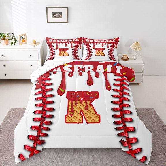 Manfei Letter Monogrammed K Boy 2pcs Bedding Comforter Set,Graffiti Splash Twin Comforter Sets,Sport Baseball Breathable Bedding Set,Lightweight Room Decor,Reversible